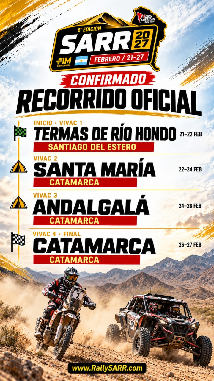 Placa oficial del recorrido SARR 2027: Termas de Río Hondo, Santa María, Andalgalá y Catamarca